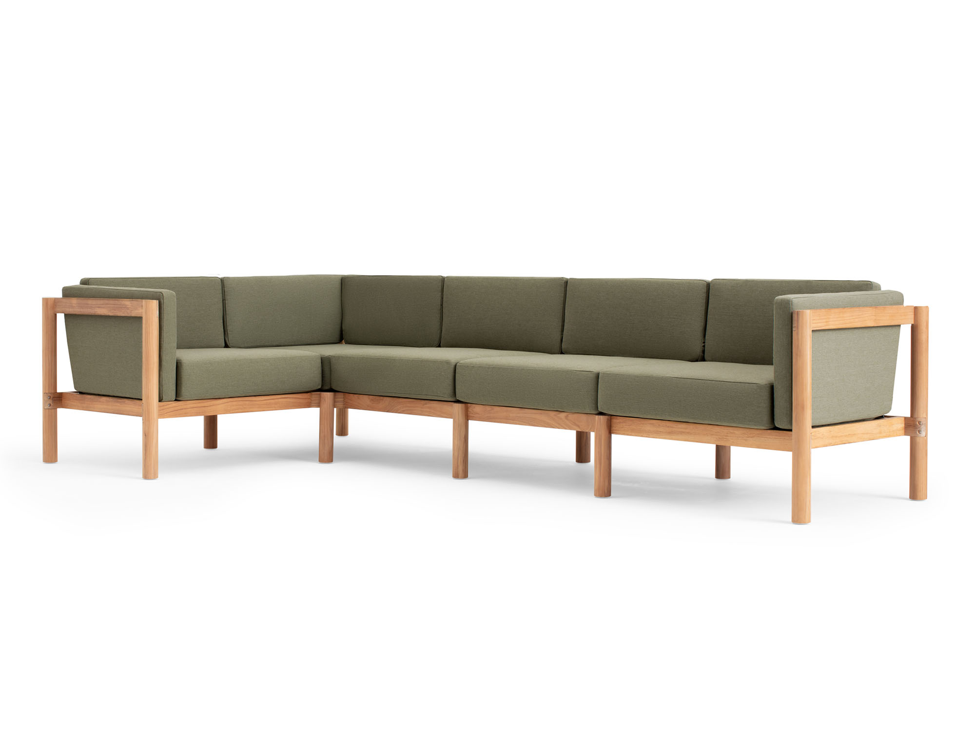 Front angle view of 5-piece outdoor sectional with green arm cushions